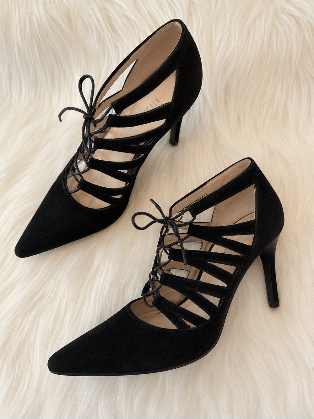 Stuart Weitzman - Black Suede Lace-Up Strappy Pointed Heels - 7